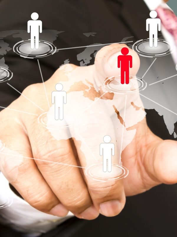Social Network concept : hand point to social network and world map